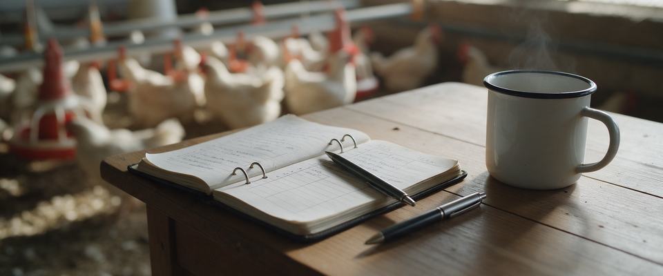 A notebook, a pen and a mug in front of a poultry house