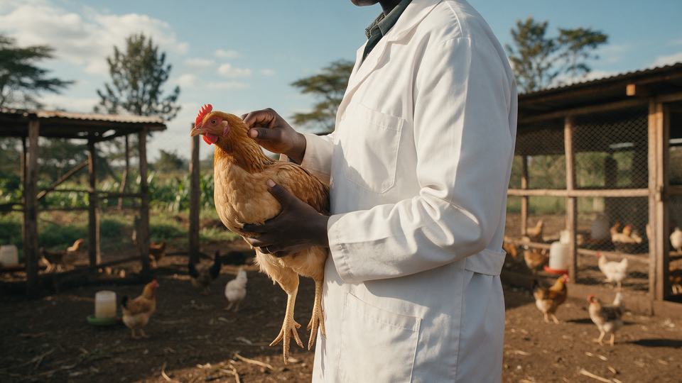 A vet in a white coat holding a hen on a farm